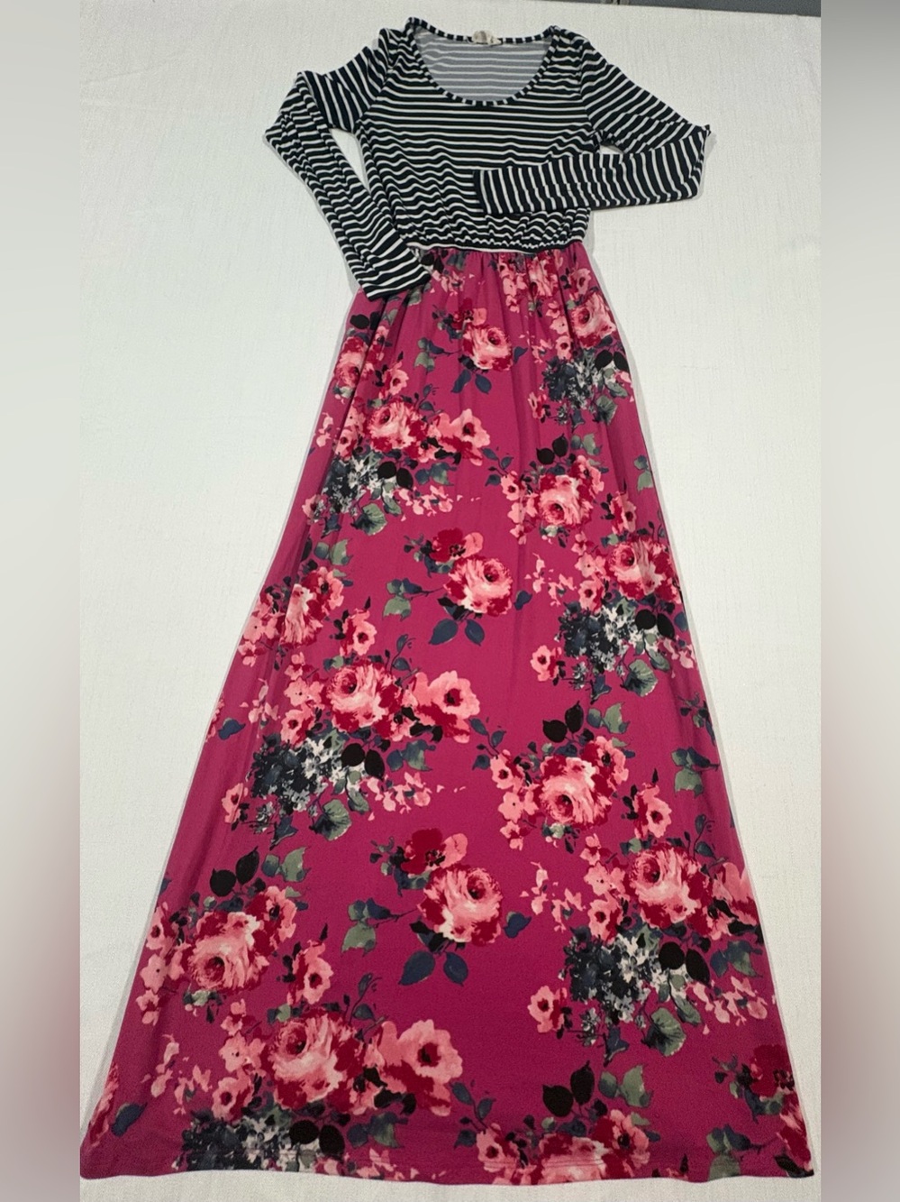 Ladies Striped Bodice Floral Maxi Dress - Pink Floral XS Poly/spandex knit